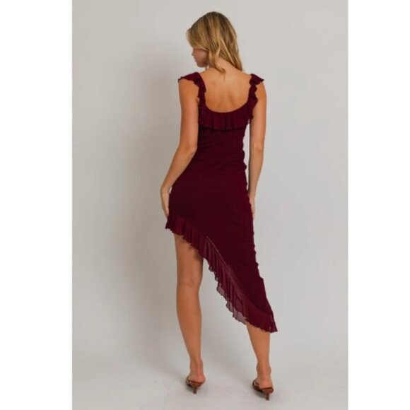LE LIS COLLECTION SZ M Red Wine Asymmetrical Ruffled Sexy Dress - Picture 7 of 13